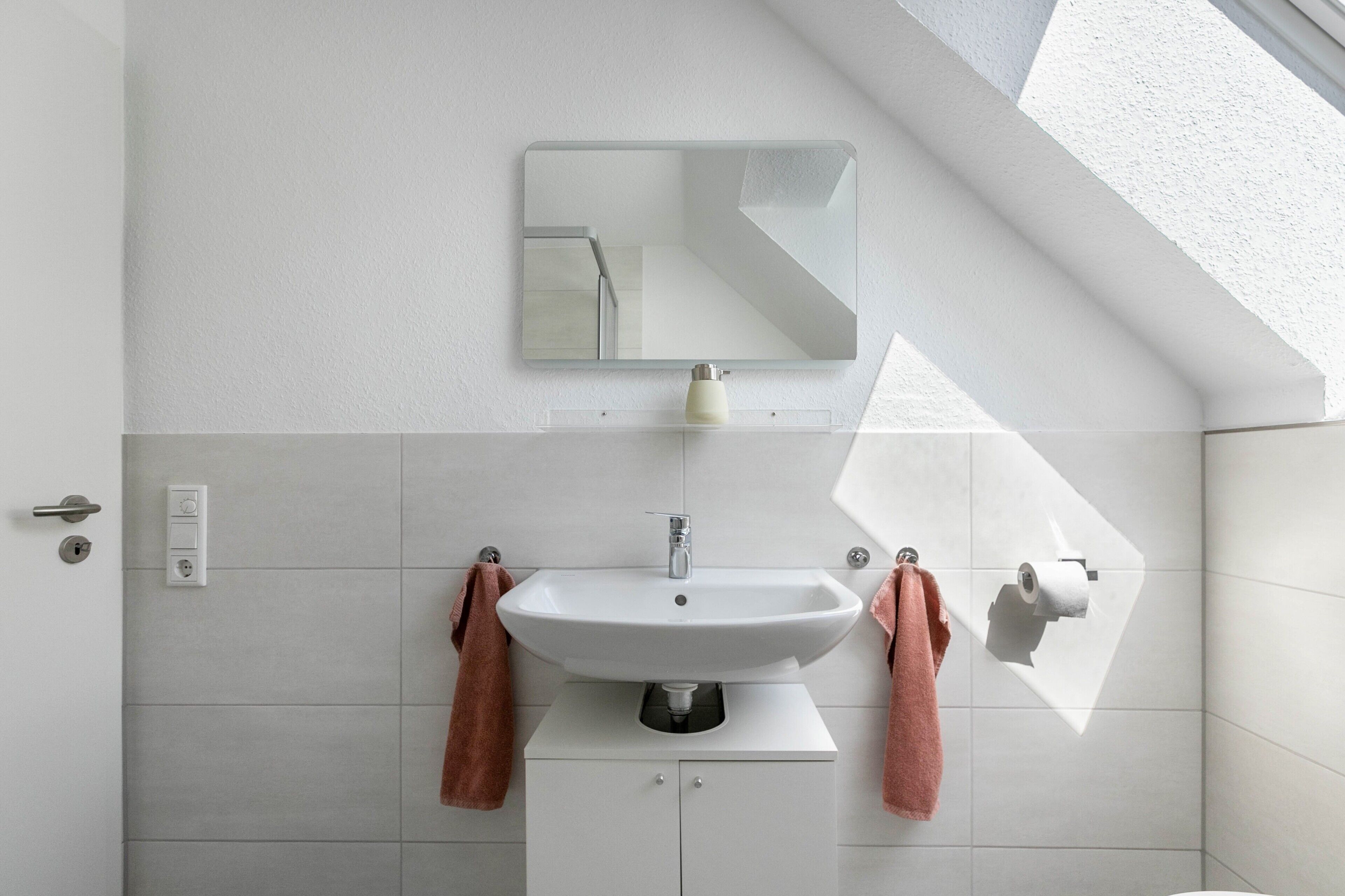 Une salle de bain avec un lavabo blanc, un miroir, un porte-serviettes et un support à papier toilette.