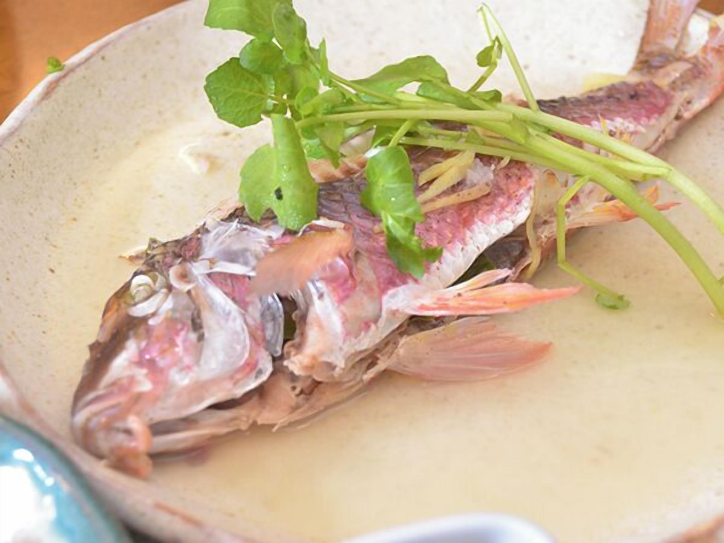 A fish dish with herbs on a plate.