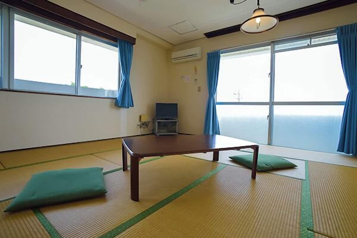 A room with tatami mats, a low table, a television, and large windows with blue curtains.