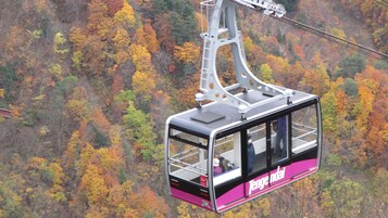 Un teleférico con la leyenda 'Tengendai' en el lateral, suspendido sobre un bosque con follaje otoñal.