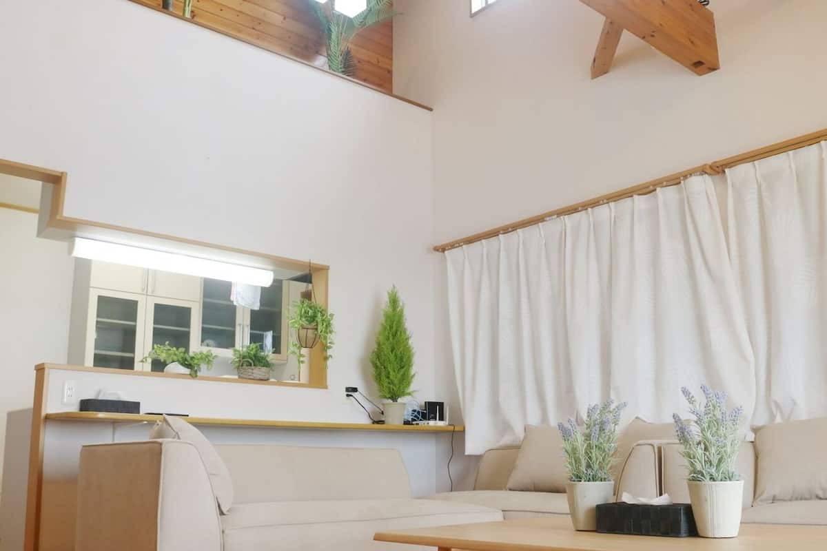 A modern living room with a sofa, a coffee table, and a dining table. There are plants on the windowsill and a mirror above the sofa.