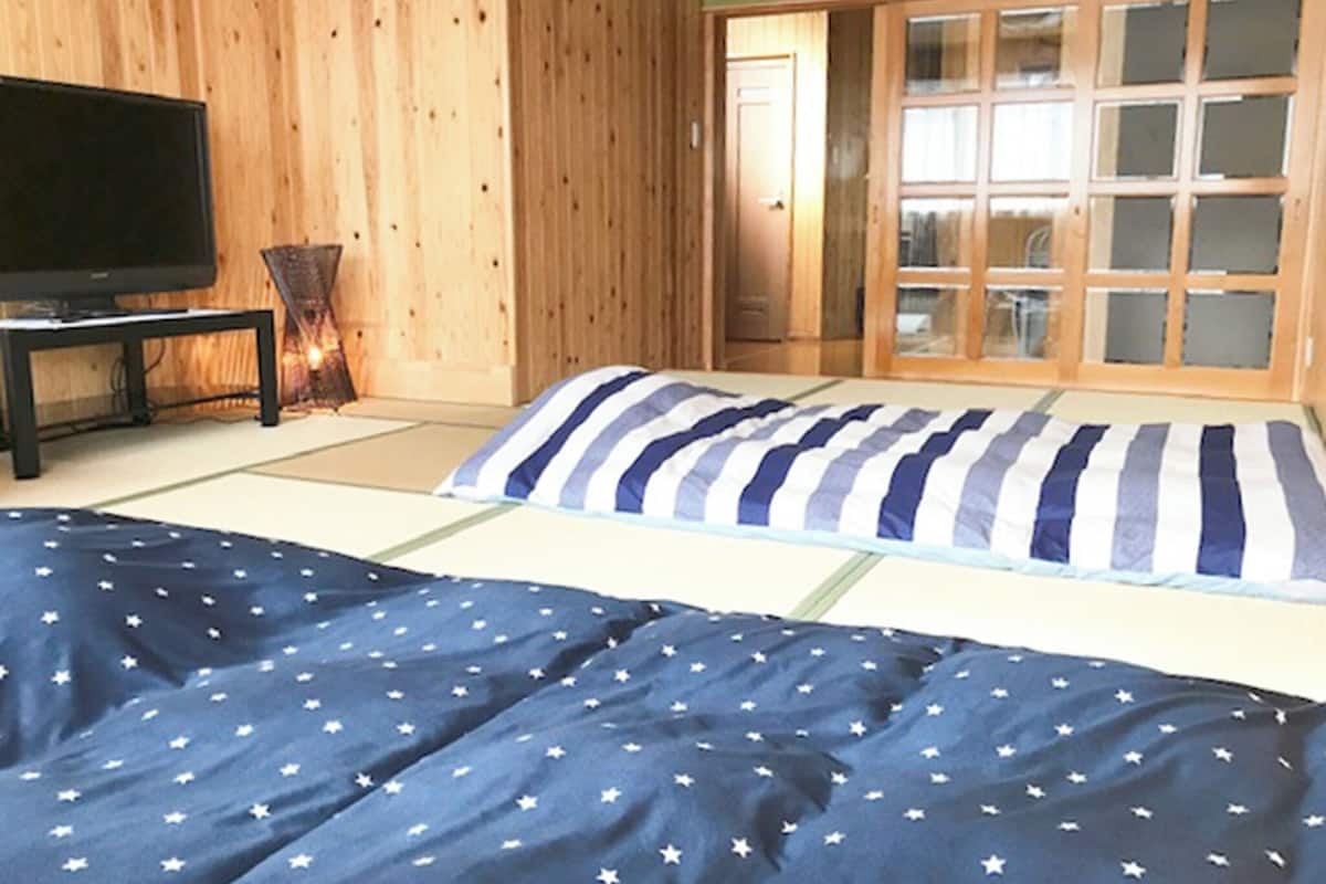 A room with a bed, a television, and a sliding door leading to a kitchen.