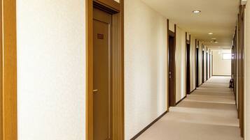 A long, narrow hallway with doors on one side and a carpeted floor.