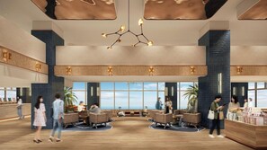 A spacious lobby with a central seating area, large windows, and a modern chandelier. - Hotel Suiyotei (Atami)