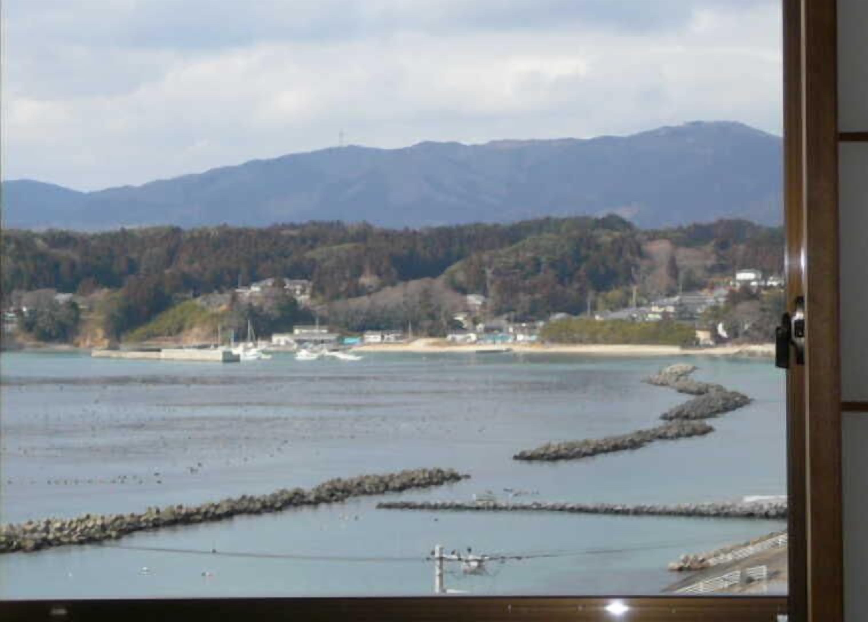 A coastal view with mountains, a beach, and boats.