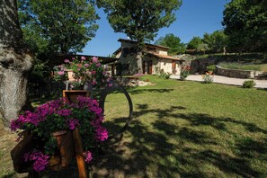 Ein Steinhaus mit Garten, eine Hollaube mit Blumen und eine Steinmauer.