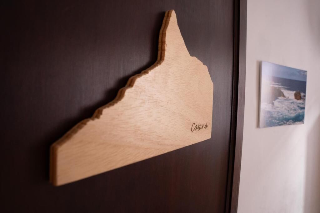 A wooden map of a region on a dark door with the name 'Catania' visible.