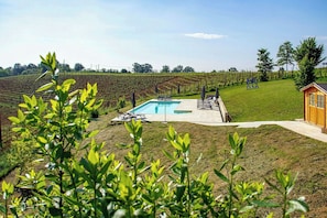 A swimming pool with lounge chairs, a wooden cabin, and a vineyard in the background.