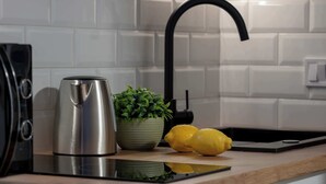 Una cocina con un hervidor de acero inoxidable, una planta en maceta y limones sobre la encimera.