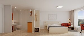 Ein modernes Schlafzimmer mit einem Bett, einem roten Sessel, einem Schreibtisch, einem Schuhregal und Blick ins Freie.