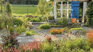 A garden with a wooden deck, a shed with a blue door, and various plants and flowers.