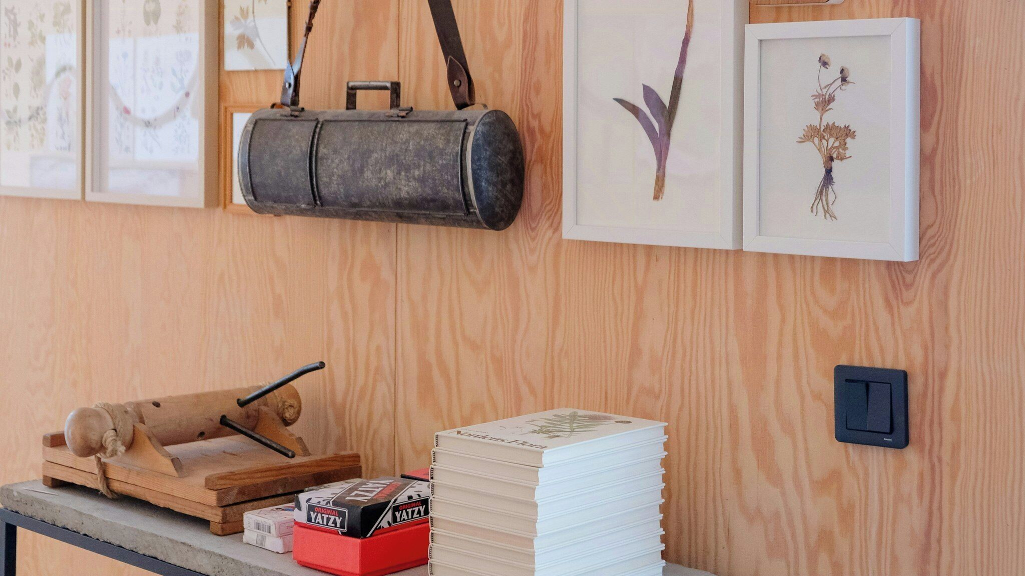 A wooden wall with framed botanical illustrations, a metal container, a wooden toy, and a stack of books.