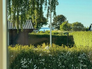 Un paysage rural avec un petit bâtiment, un champ de fleurs blanches et une vue lointaine sur une étendue d'eau.