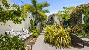 A courtyard with a sofa, a table, and potted plants.