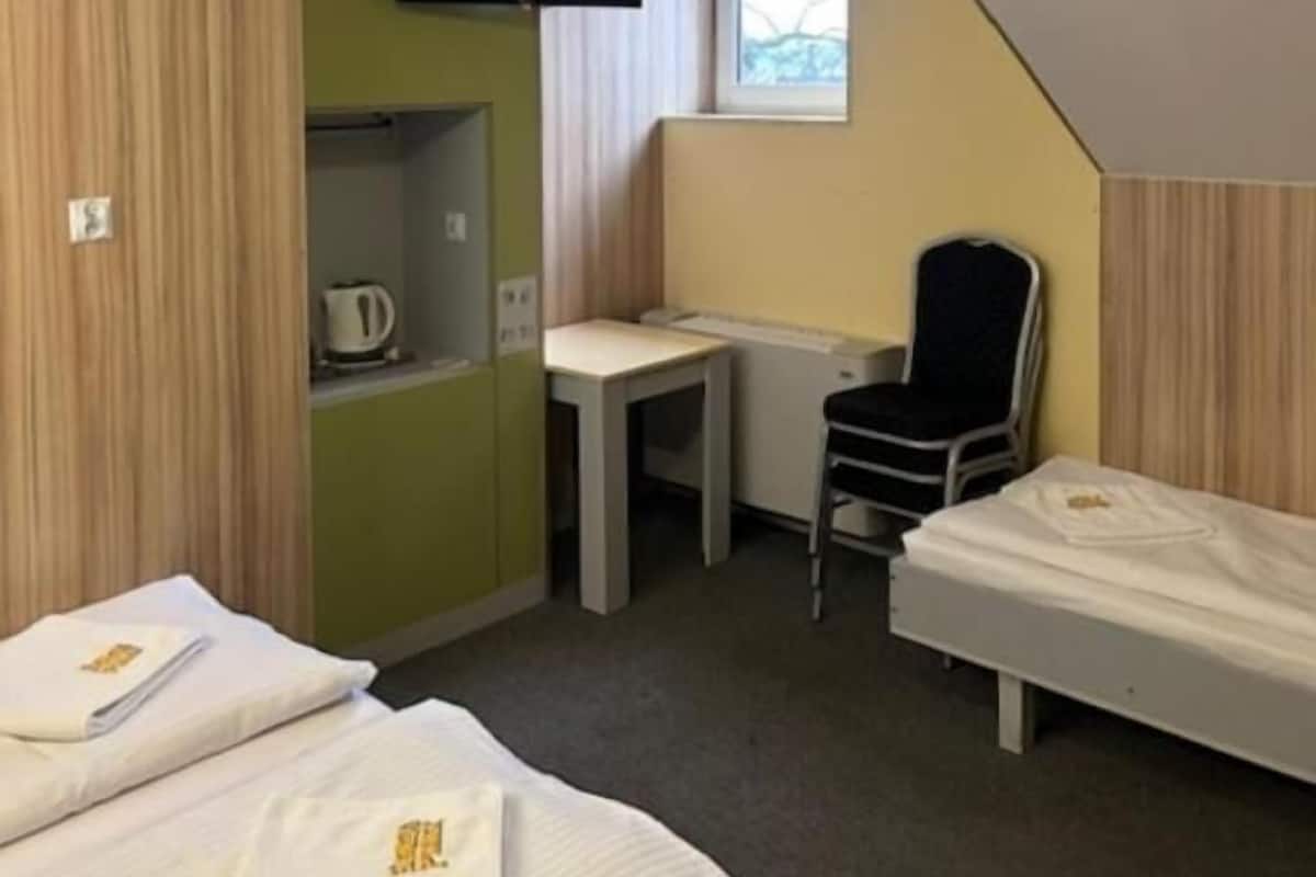 A hotel room with two beds, a desk, a chair, a television, and a window.