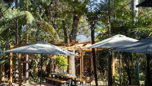Un área de comedor al aire libre con mesas de madera y sombrillas, rodeada de exuberante follaje y árboles.