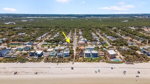 A coastal residential area with houses, a beach, and a clear sky. - Twenty Palms (New Smyrna Beach)