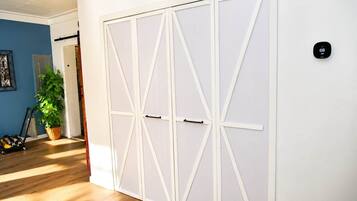 A room with a white wardrobe, a potted plant, and a wooden floor.