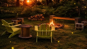 Un espace extérieur aménagé avec deux fauteuils Adirondack verts, une table en bois et un foyer.