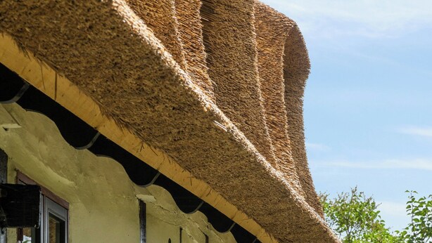 Un bâtiment traditionnel avec un toit de chaume, des murs blancs et de nombreuses fenêtres.