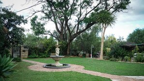 Un jardin agrémenté d’une fontaine centrale, entouré d’une pelouse bien entretenue et de divers arbres.