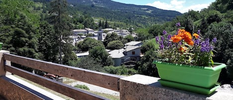 Ein Balkon mit Holzgeländer, der auf ein Dorf blickt, ein grüner Blumentopf mit Blumen und ein klarer, blauer Himmel.