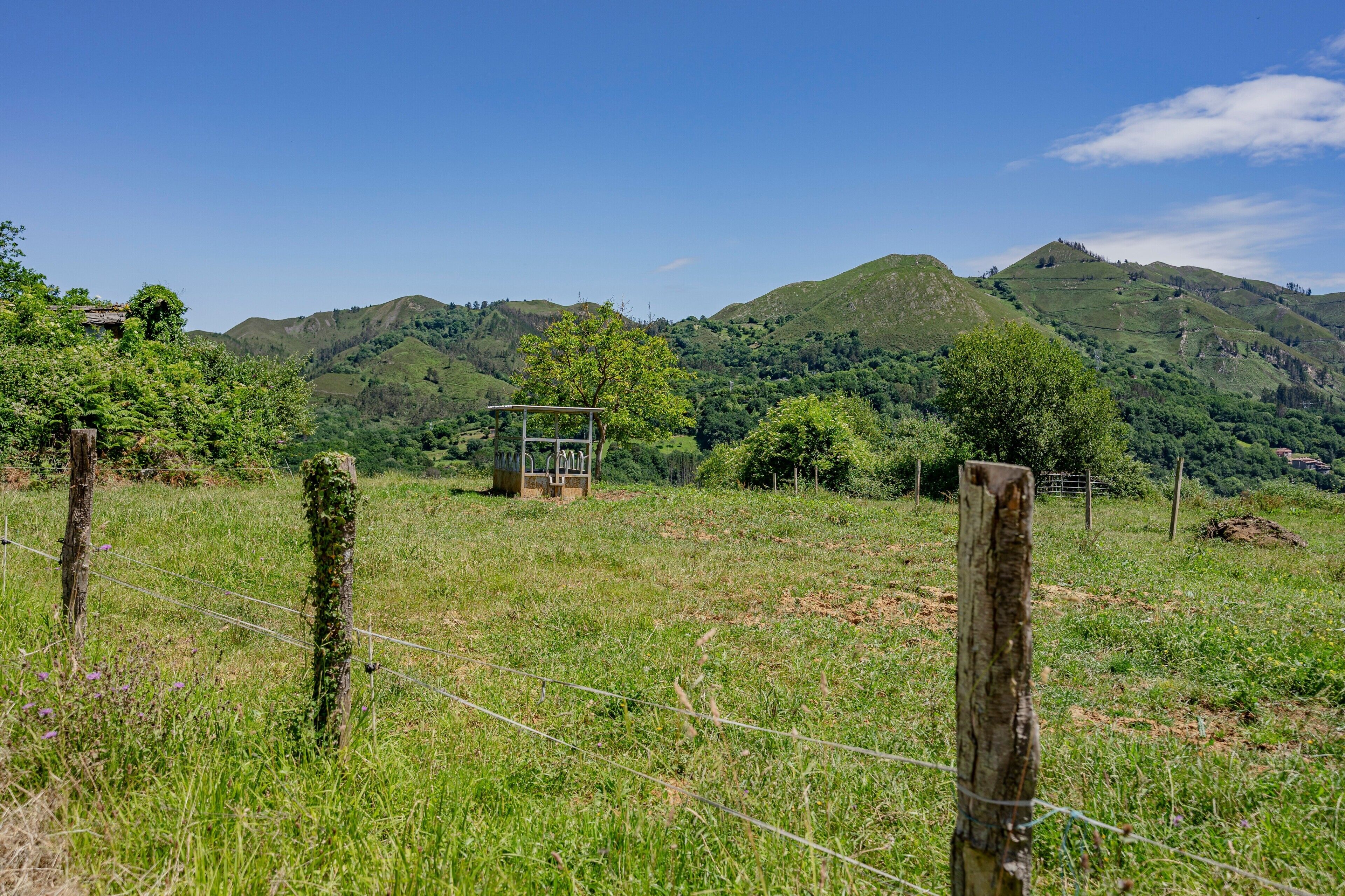 Un paysage rural avec une structure en bois, un champ clôturé et des collines en arrière-plan.