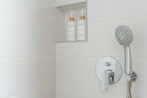 Shower, hair dryer, towels - Studio '11' with Private Balcony, Kitchenette, Wi-Fi and Air Conditioning (Ano Symi)