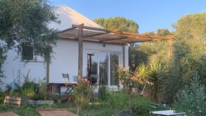 A white building with a wooden pergola, a glass door, and a garden with various plants. - Sítio do Valverde Coruche (Coruche)