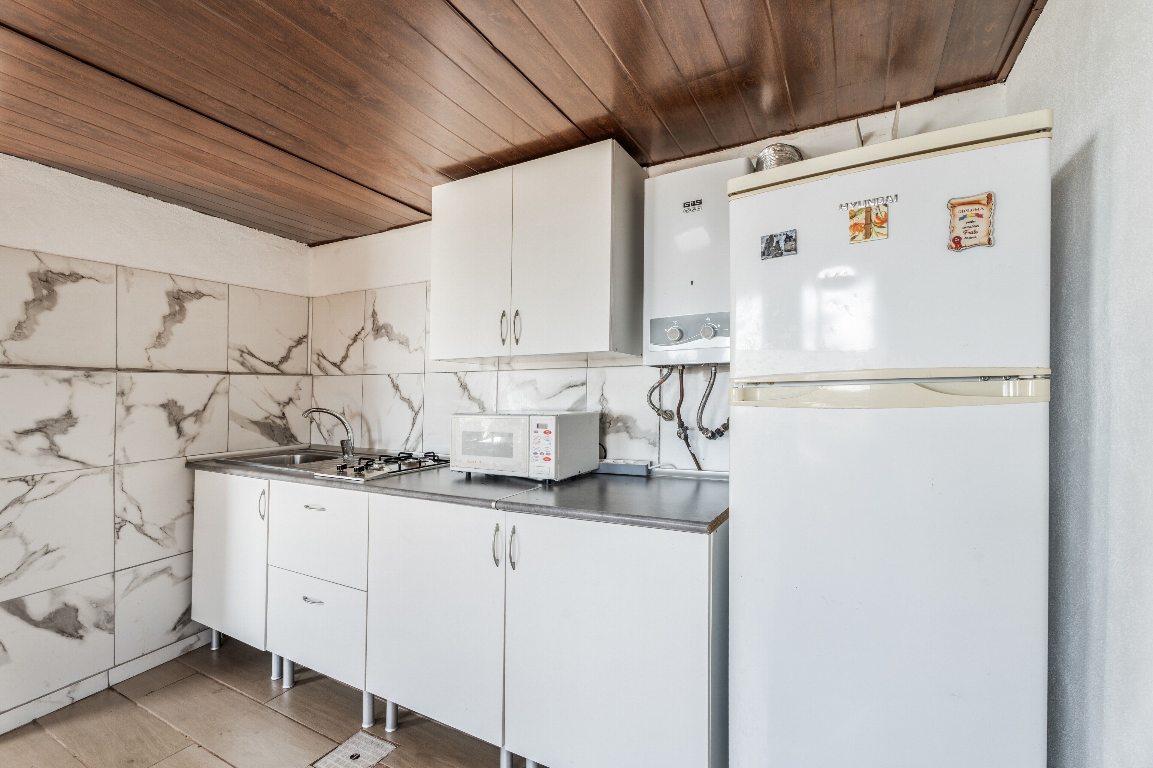 Fridge, microwave, stovetop, coffee/tea maker