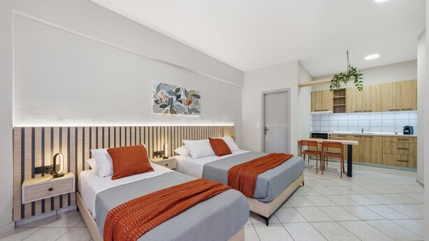A modern hotel room with two beds, a small kitchen area, and a dining table. - Studio Apartment '6' with Shared Garden, Wi-Fi and Air Conditioning (Syvota)
