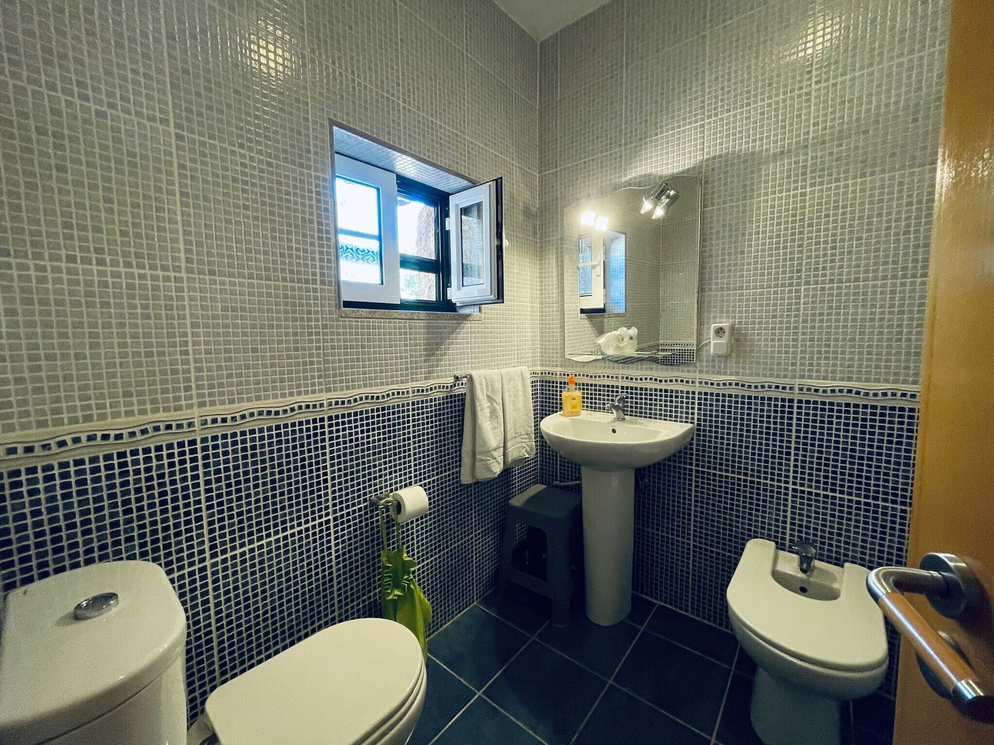A bathroom with two toilets, a sink, and a mirror.