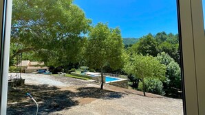 Vista desde una ventana que muestra una piscina, árboles y un cielo despejado.