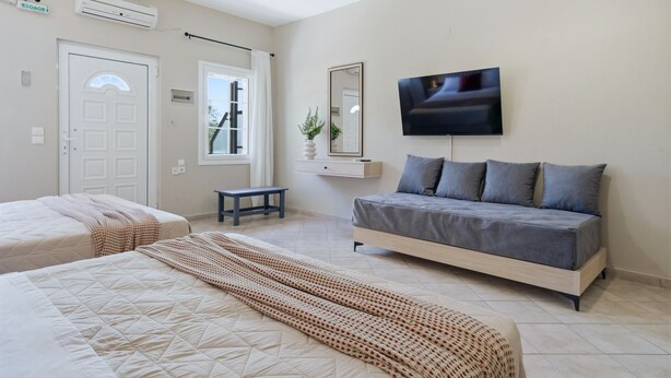 Un dormitorio con dos camas, televisión, espejo y aire acondicionado.
