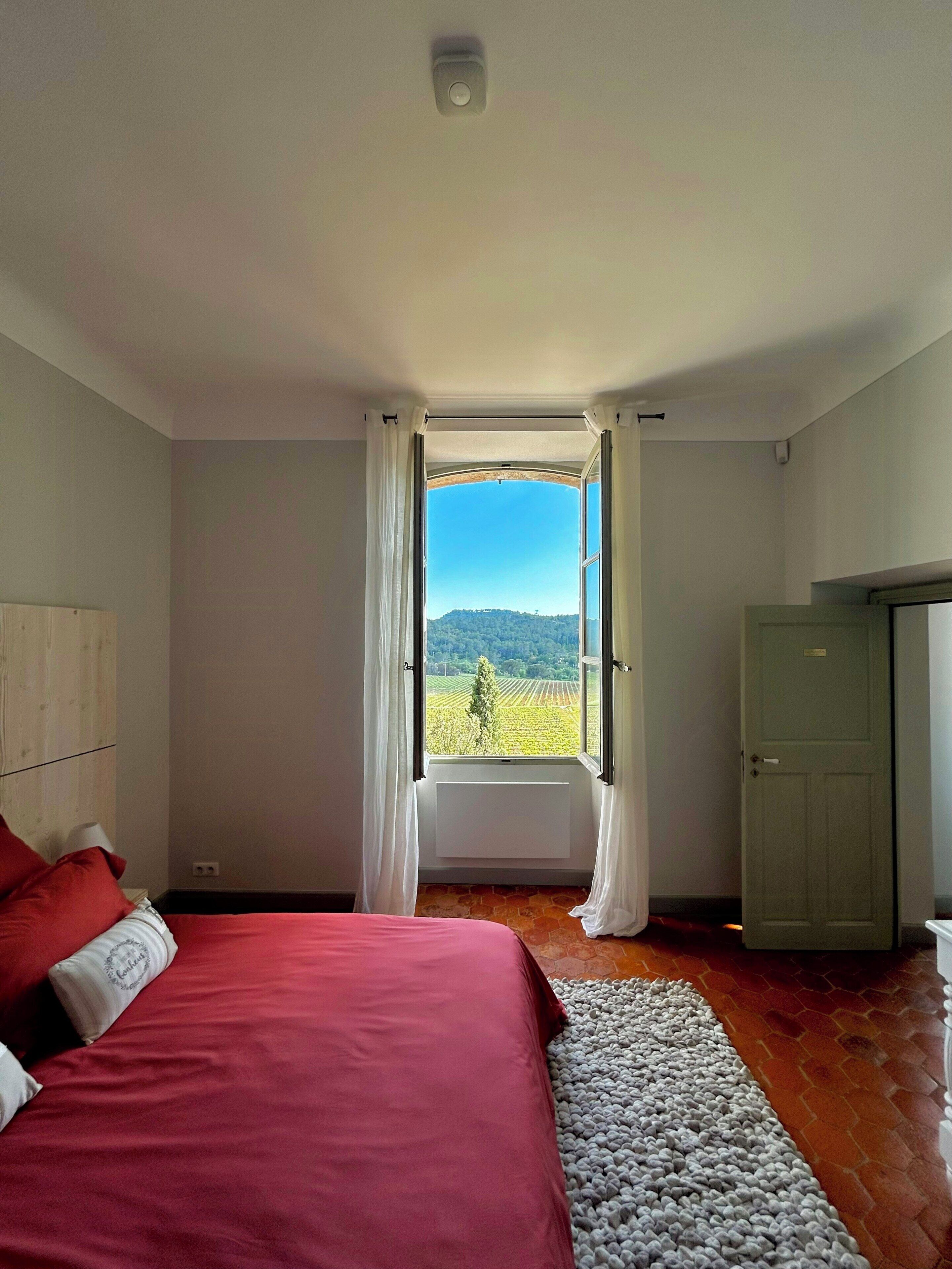 A bedroom with a large bed, a view of a vineyard through an open window, and a door to the right.