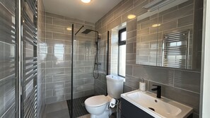 A modern bathroom with a glass shower enclosure, a toilet, and a sink.