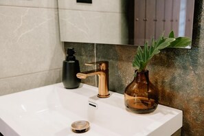 Buồng tắm vòi sen, máy sấy tóc, khăn tắm, xà phòng 