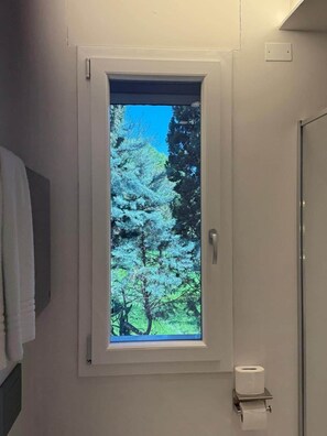 A bathroom with a window, a toilet paper holder, and a towel rack. - Superior with Balcony (Bologna)