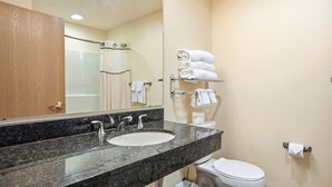 Ein Badezimmer mit Waschbecken, Spiegel, Handtuchhalter und Toilette.