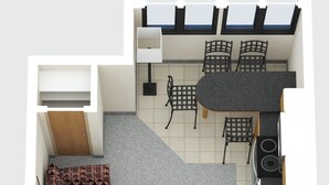 Ein modernes Apartment mit Wohnzimmer, zwei Schlafzimmern, einer Küche und einem Badezimmer.