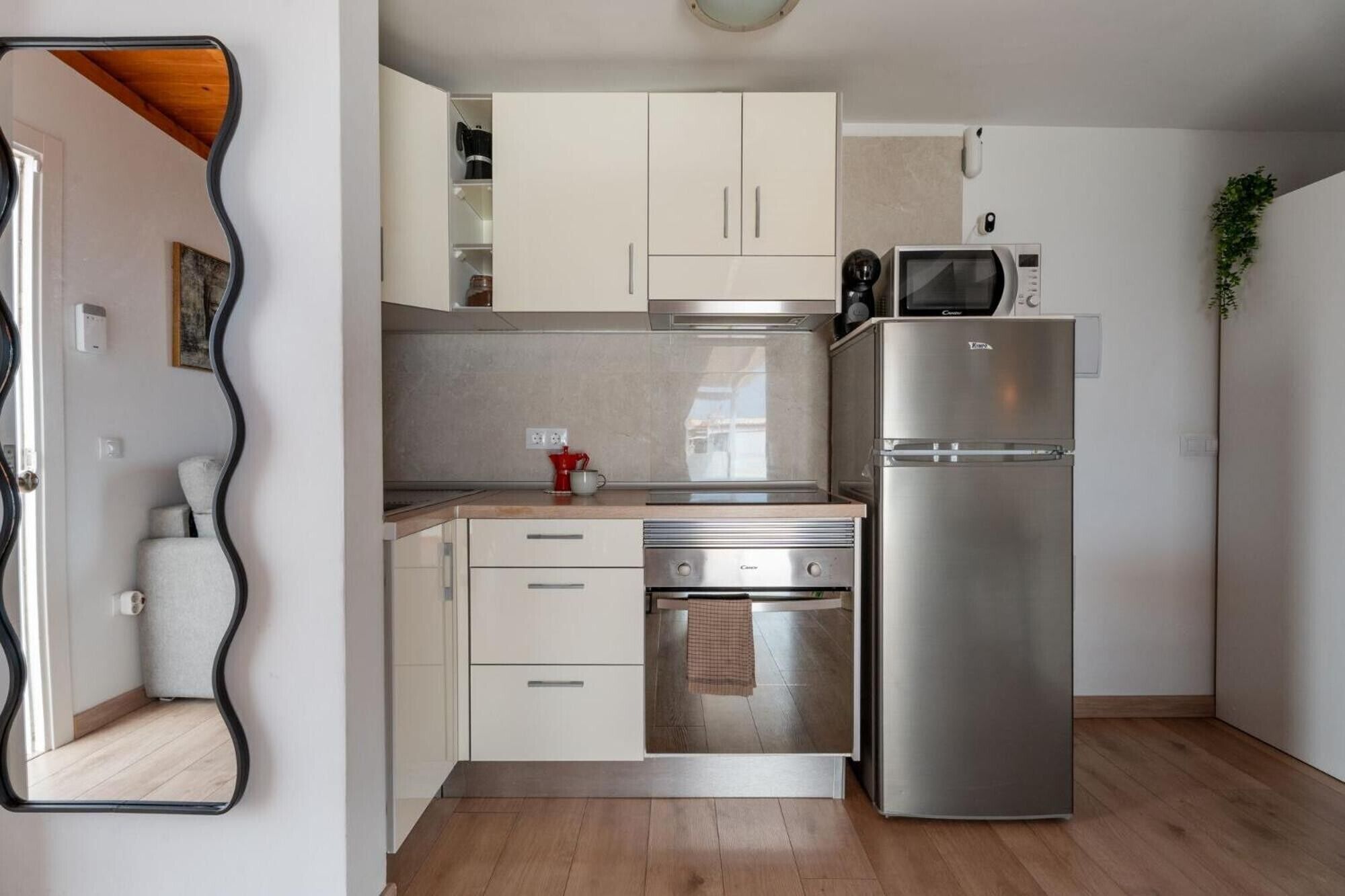 Frigorífico, microondas, horno y placa de cocina