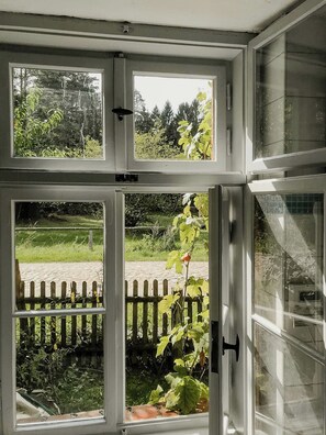 Ein Zimmer mit einem großen Fenster, unterteilt in vier Felder, mit Blick auf einen Garten mit Holzzaun und viel Grün.