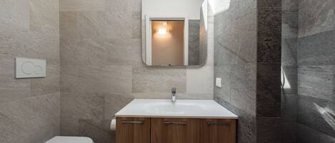 A bathroom with a toilet, wooden cabinets, a white sink, a mirror, and a shower.
