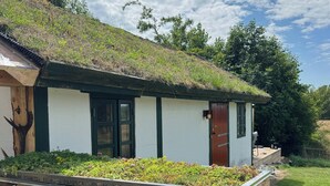 Une maison avec un toit végétalisé, une terrasse en bois et une pile de bois de chauffage.