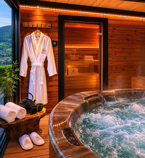 Un espace de détente en bois comprenant un bain à remous, un peignoir, des chaussons et des serviettes.