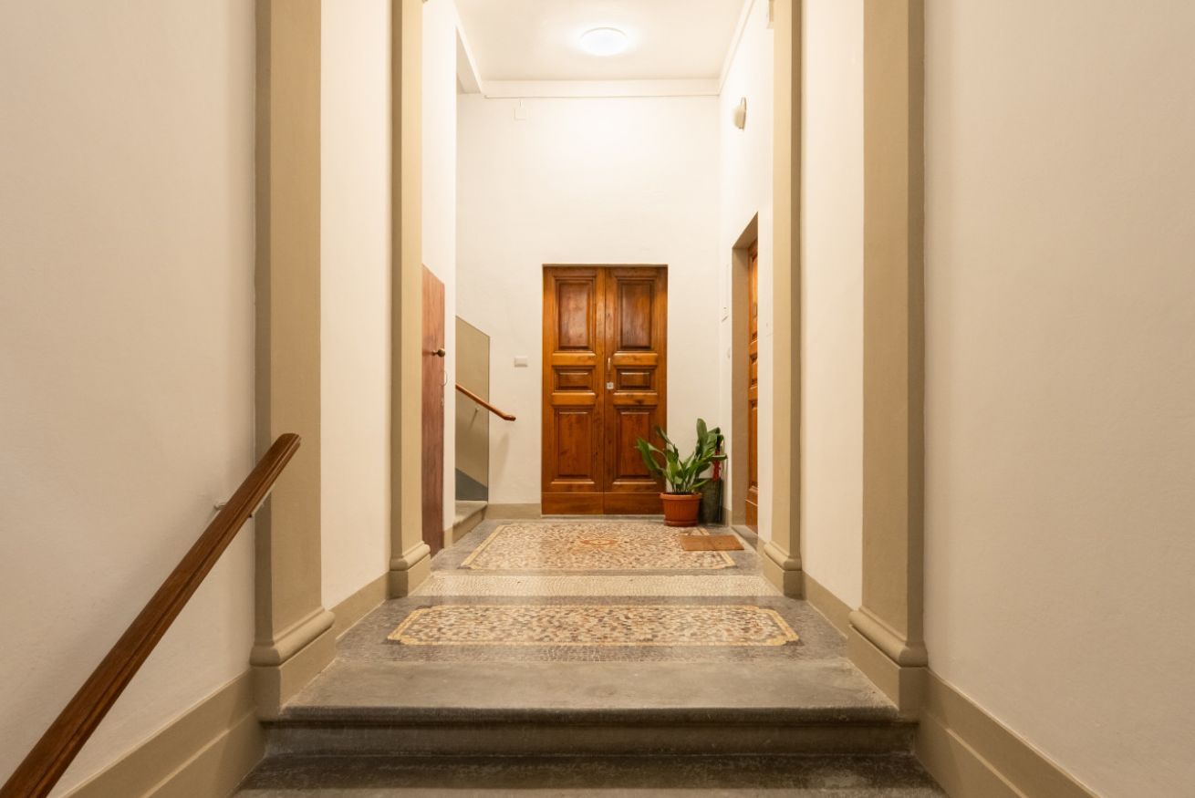 A hallway with a wooden door at the end, a potted plant, and a carpeted staircase.