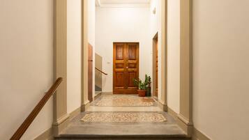 A hallway with a wooden door at the end, a potted plant, and a carpeted staircase.