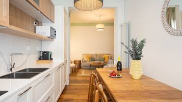 Fridge, microwave, dishwasher