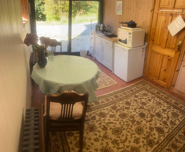 Une cuisine compacte équipée d’un four à micro-ondes et d’une cuisinière, une table à manger avec une chaise, et un tapis à motifs.