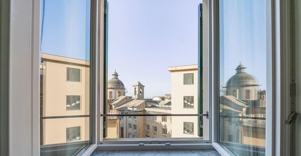 Blick durch ein Fenster mit Metallgitter auf Gebäude mit Kuppeldächern und bewölktem Himmel.